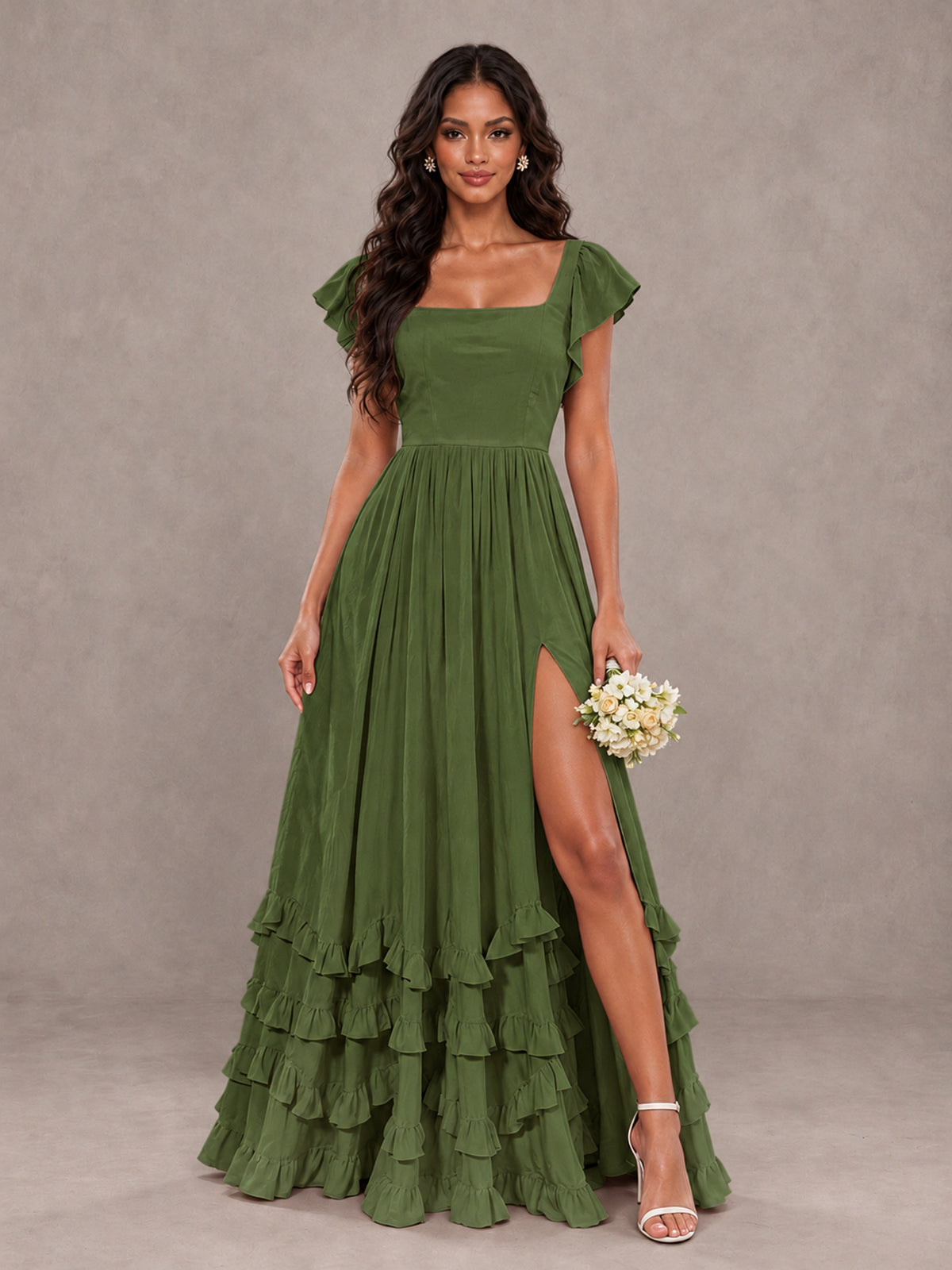 BOLODOO Olive Green Flutter Sleeve Ruffle Bridesmaid Dress with Slit - Olive Green - Olive Green (1)