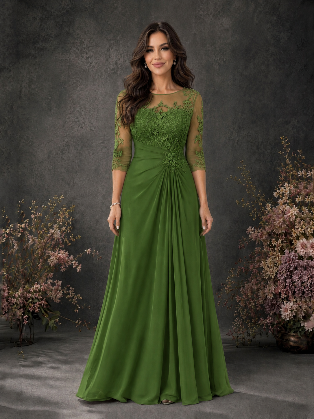 BOLODOO Olive Green Chiffon Lace Illusion Neckline 3/4 Sleeve Floor Length Formal Gown - Olive Green