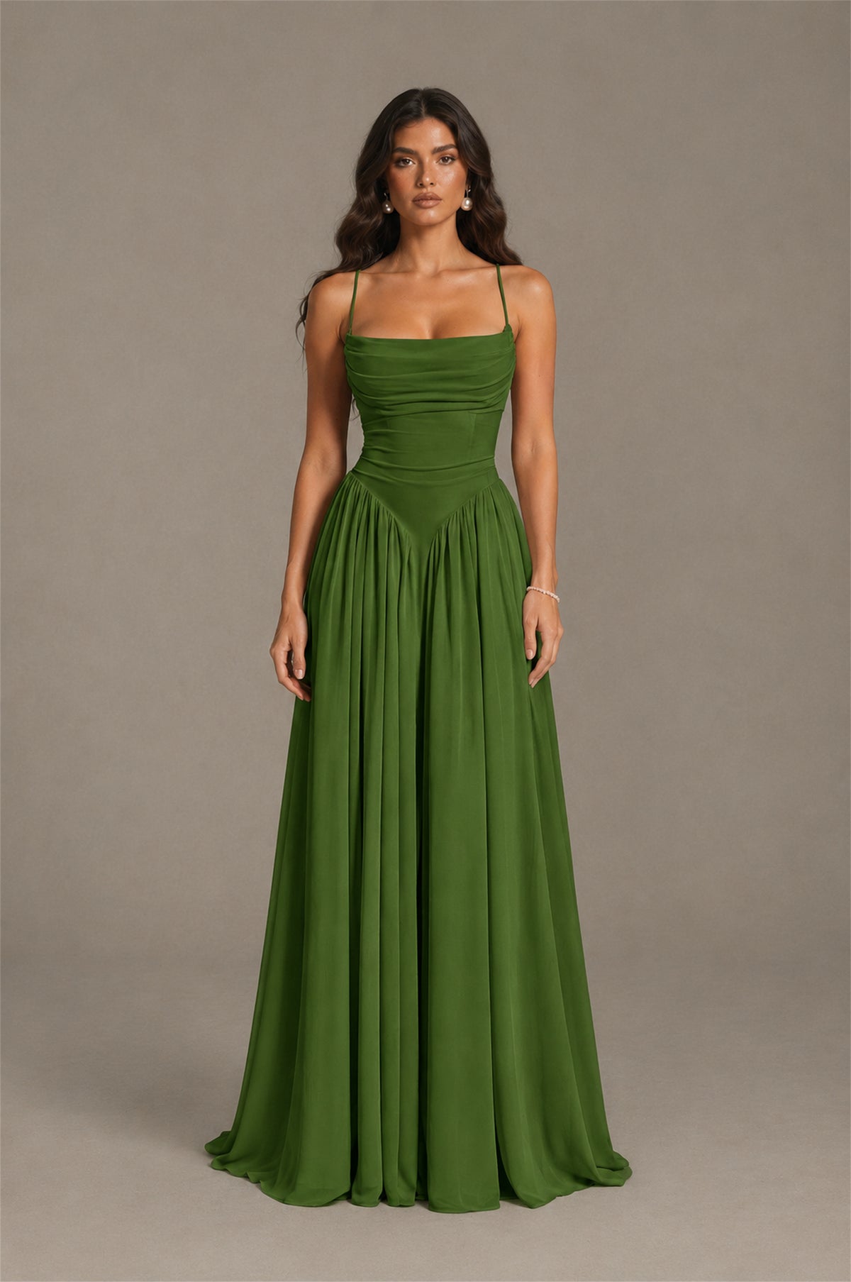 BOLODOO Olive Green Spaghetti Strap Square Neck Ruched Chiffon Maxi Dress with Lace-Up Back - Olive Green