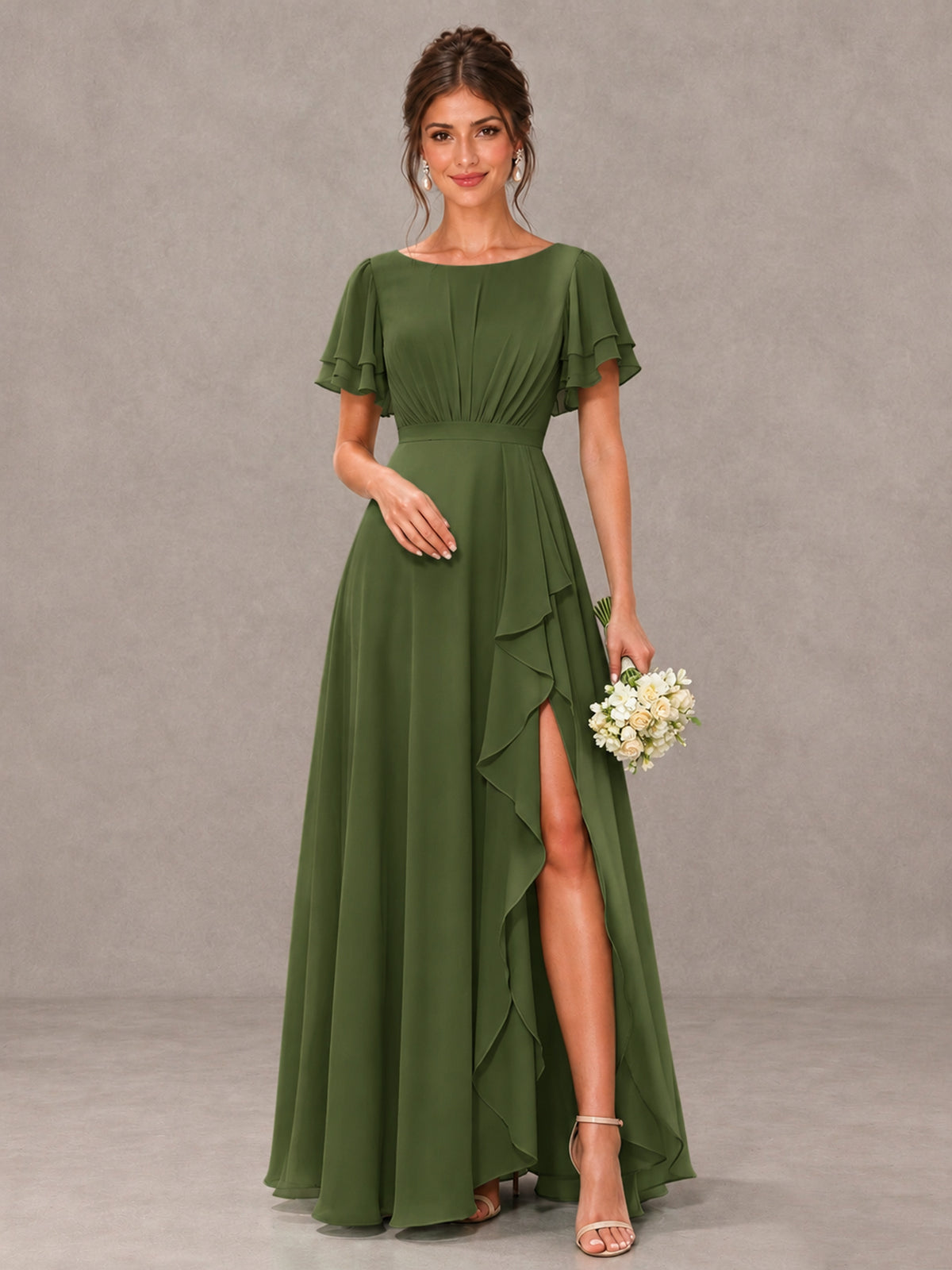 BOLODOO Olive Green Flutter Sleeve Ruffle Bridesmaid Dress with Slit - Olive Green - Olive Green (1)