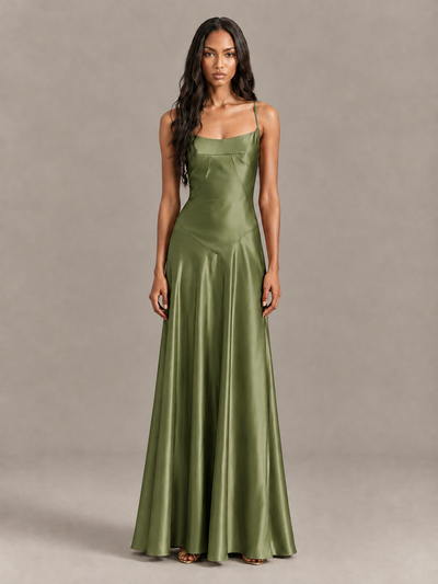 BOLODOO Olive Green Satin Lace-Up Back Maxi Dress - Olive Green