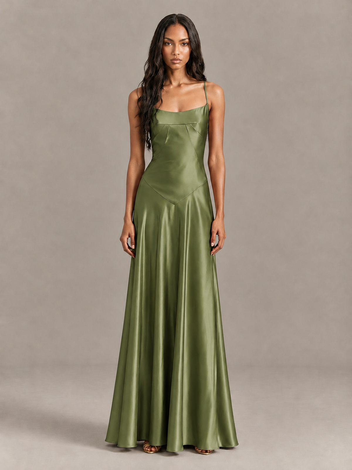 BOLODOO Olive Green Satin Lace-Up Back Maxi Dress - Olive Green