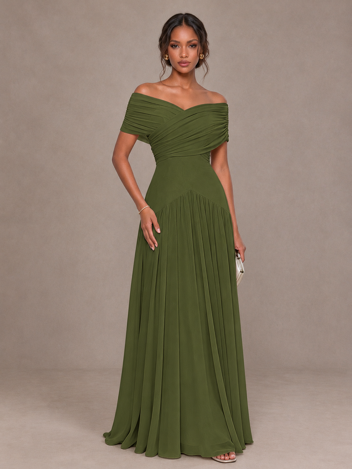 BOLODOO Olive Green Off-Shoulder Ruched A-Line Bridesmaid Dress - Olive Green - Olive Green (1)