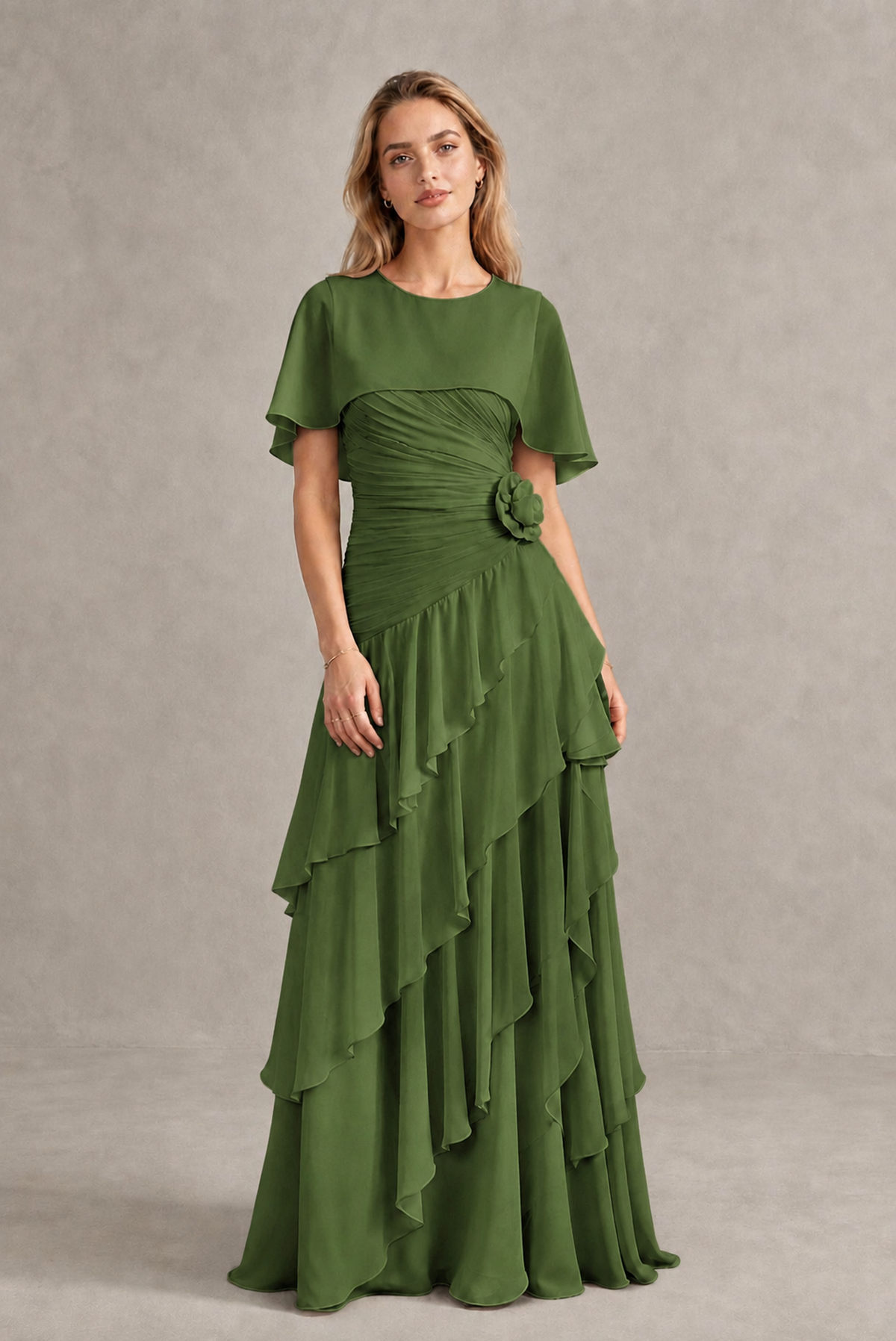 BOLODOO Olive Green Chiffon Flutter Sleeve Tiered Maxi Dress with 3D Rosette - Olive Green