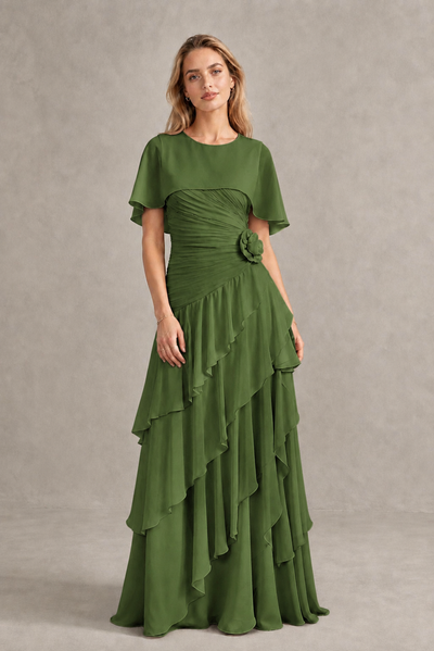 BOLODOO Olive Green Chiffon Flutter Sleeve Tiered Maxi Dress with 3D Rosette - Olive Green