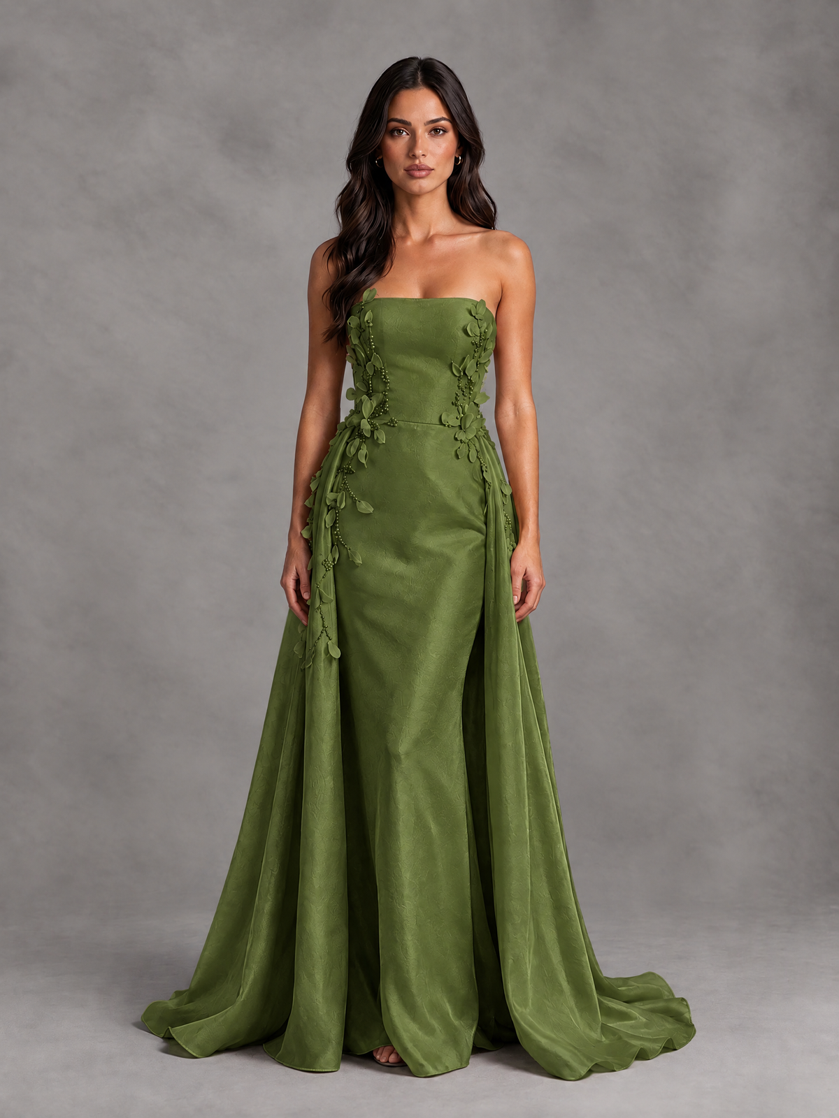 BOLODOO Olive Green Strapless Floral Applique Prom Dress with Overskirt - Olive Green - Olive Green (1)