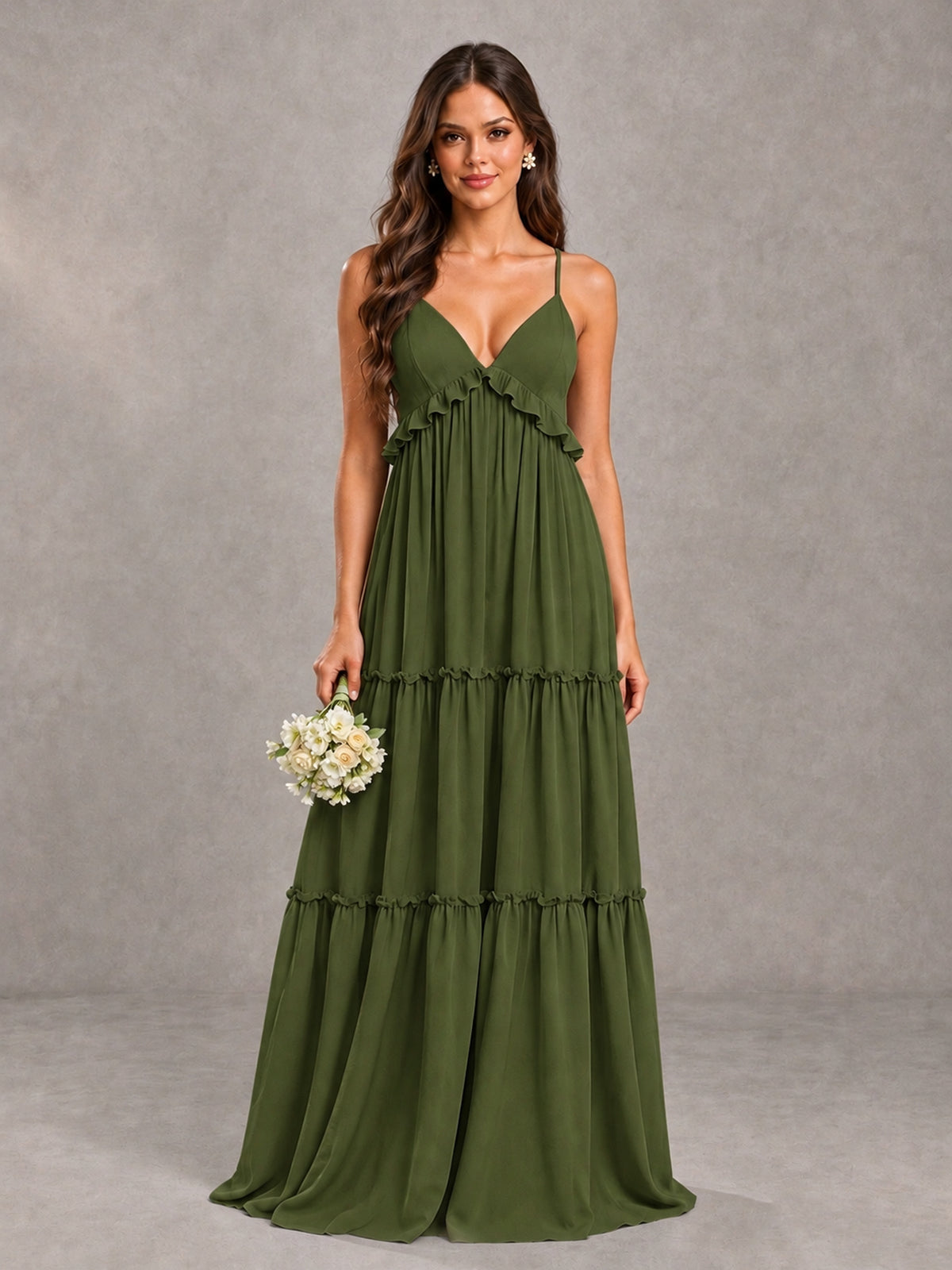 BOLODOO Olive Green Tiered V-Neck Lace-Up Back Bridesmaid Dress - Olive Green - Olive Green (1)