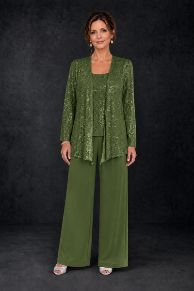 BOLODOO Olive Green Sequin Lace 3-Piece Pant Suit with Long Sleeve Jacket - Olive Green - Olive Green (1)