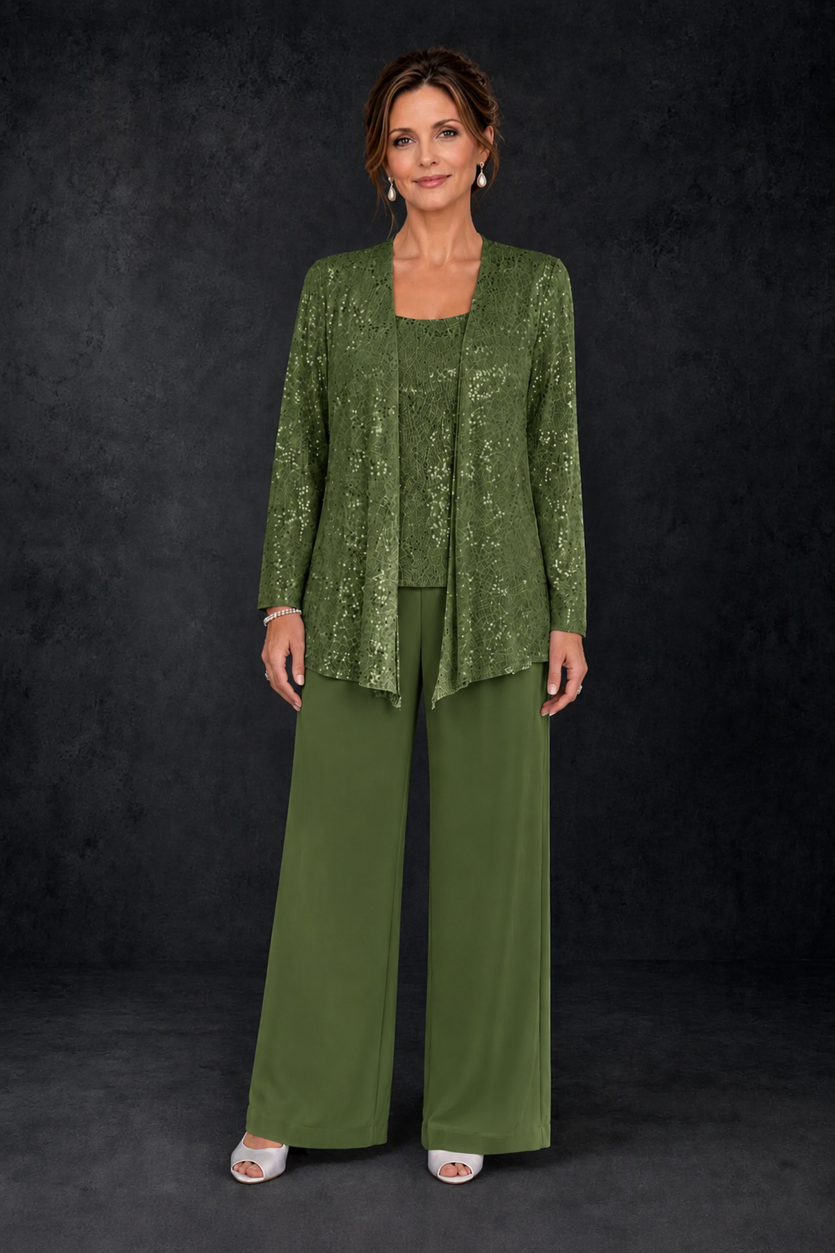 BOLODOO Olive Green Sequin Lace 3-Piece Pant Suit with Long Sleeve Jacket - Olive Green - Olive Green (1)
