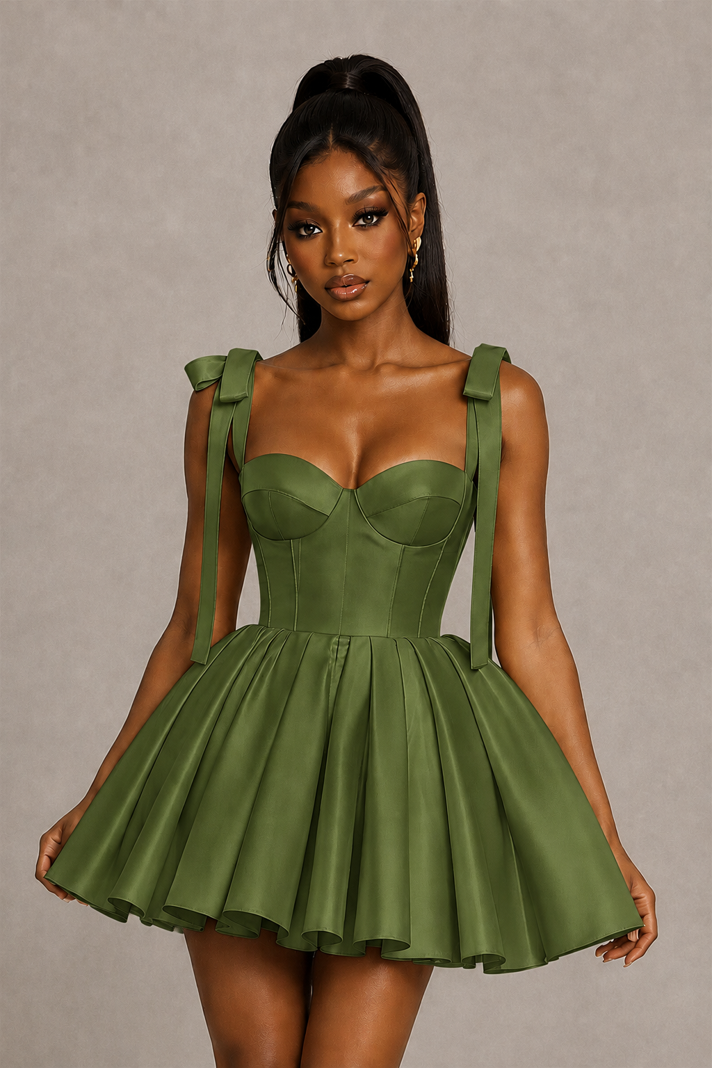 BOLODOO Olive Green Satin Sweetheart Corset Bow Strap Lace-Up Open Back Full Skirt Mini Dress | Prom Cocktail Party Dress - Olive Green