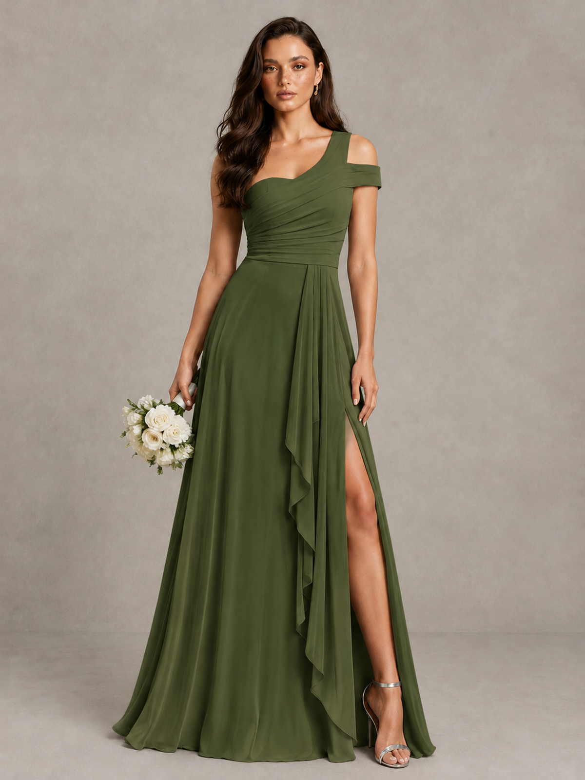 BOLODOO Olive Green One-Shoulder Bridesmaid Dress with Side Slit - Olive Green - Olive Green (1)