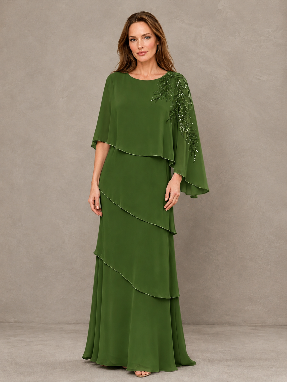 BOLODOO Olive Green Mocha Asymmetric Cape Sleeve Olive Green Sequin Embroidered Pearl Trim Tiered Chiffon Gown - Olive Green