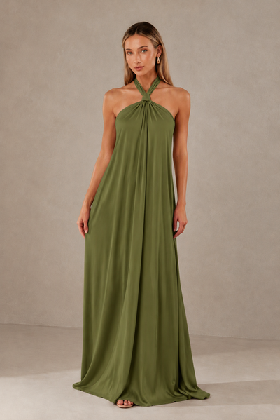BOLODOO Olive Green Backless Halter Satin Bridesmaid Dress - Olive Green