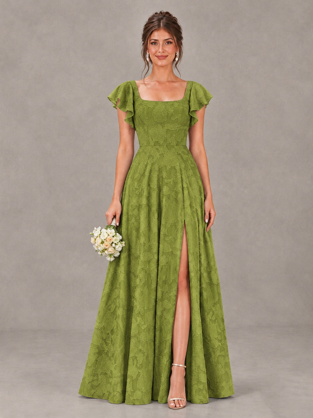 BOLODOO Olive Green Floral Flutter Sleeve Bridesmaid Dress with Slit - Olive Green - Olive Green (1)
