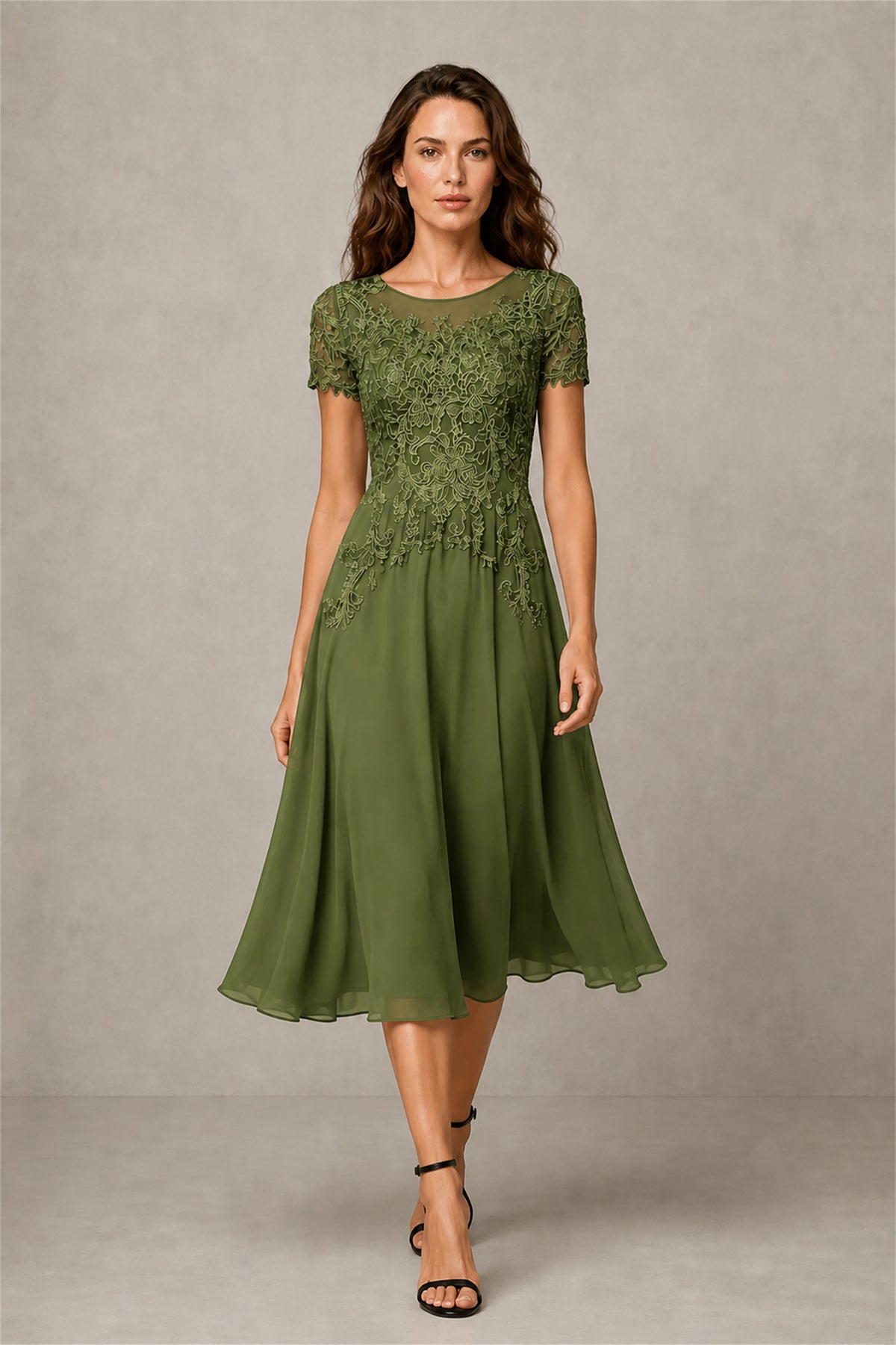 BOLODOO Steel Olive Green Beaded Lace Illusion Bodice Chiffon Tea-Length Dress | Mother of the Bride & Cocktail Party - Olive Green