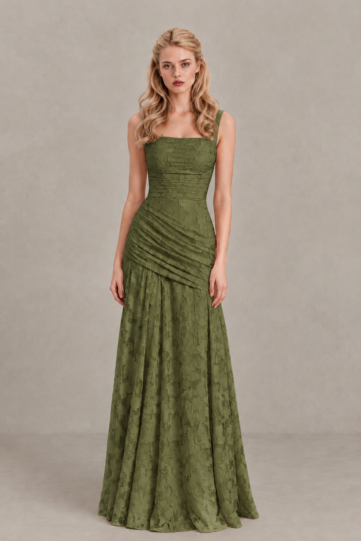 BOLODOO Olive Green Ruched Floral Maxi Dress with Lace-Up Back - Olive Green