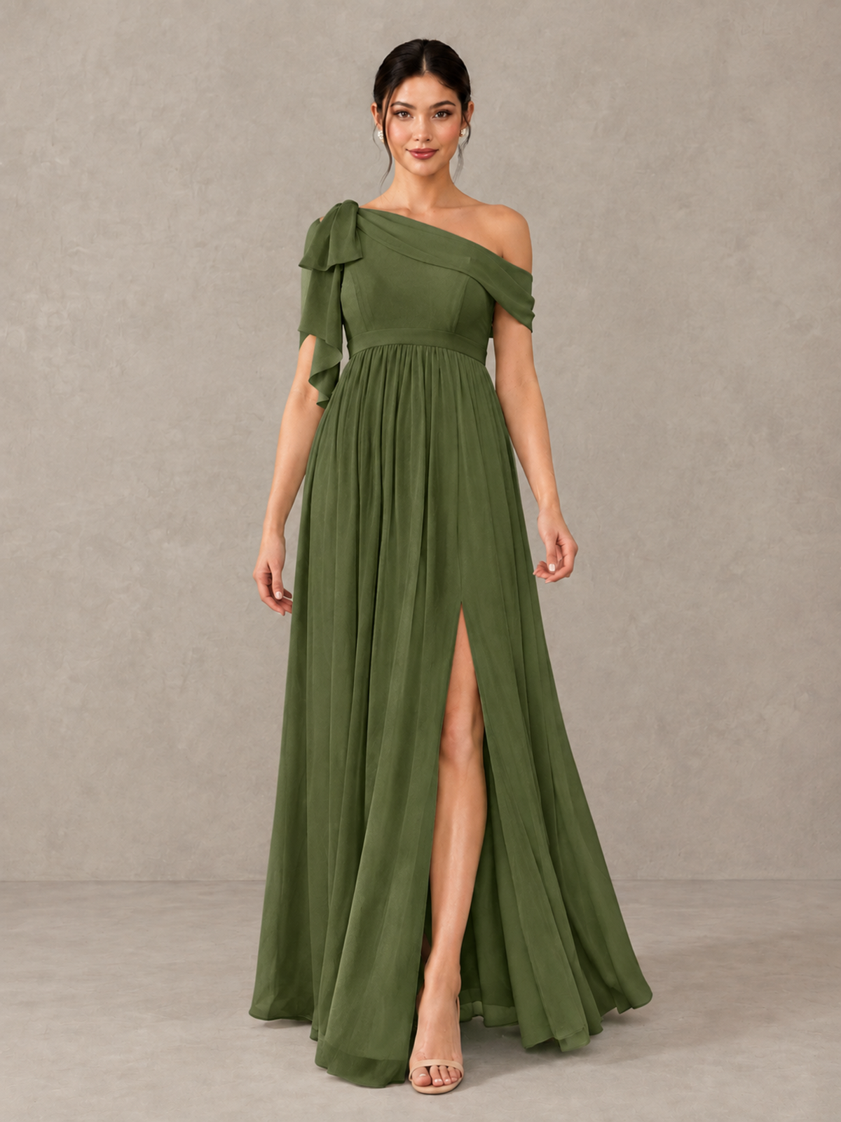 BOLODOO Olive Green One-Shoulder Maternity Bridesmaid Dress with Slit - Olive Green - Olive Green (1)