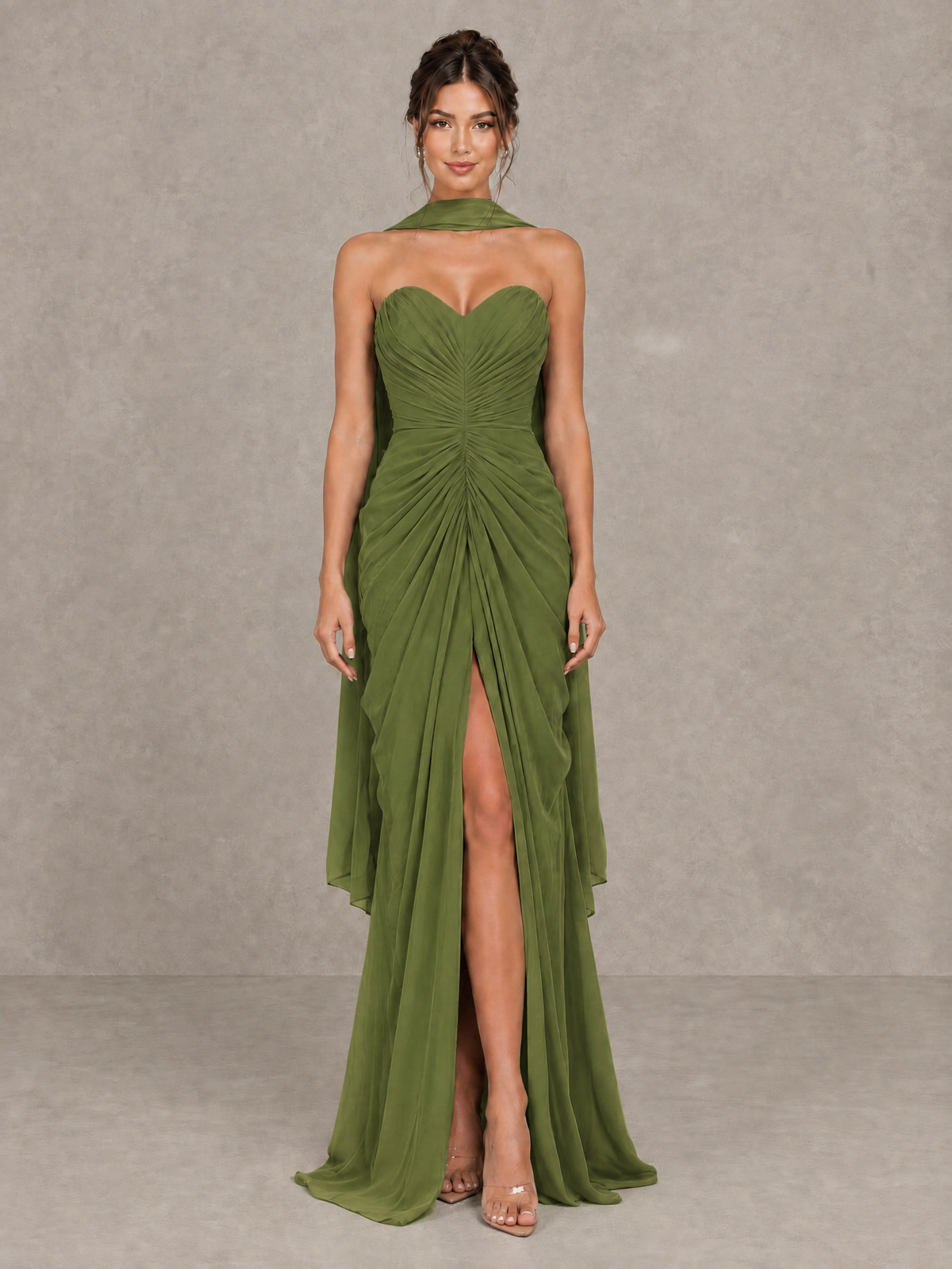BOLODOO Olive Green Strapless Ruched Maxi Dress with Scarf and Slit - Olive Green