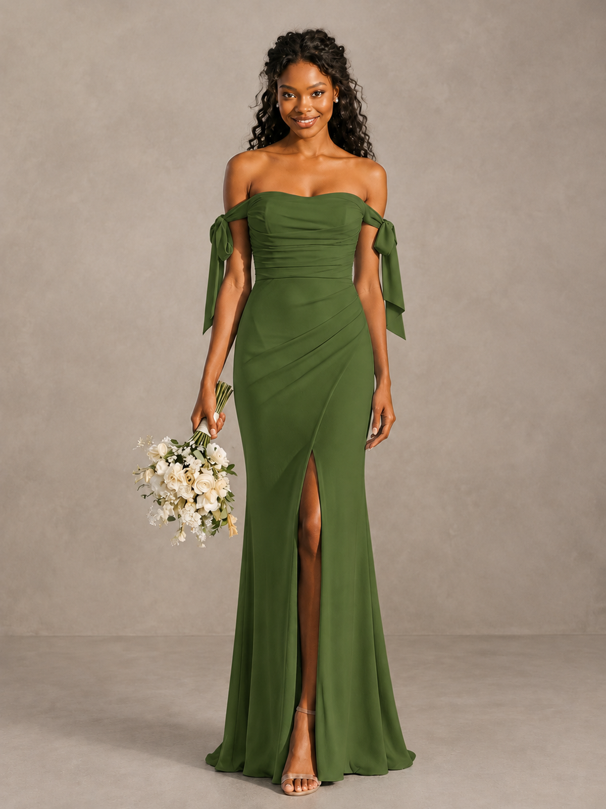 Olive Green Off-Shoulder Bow Bridesmaid Dress with Slit - Olive Green - Olive Green (1)