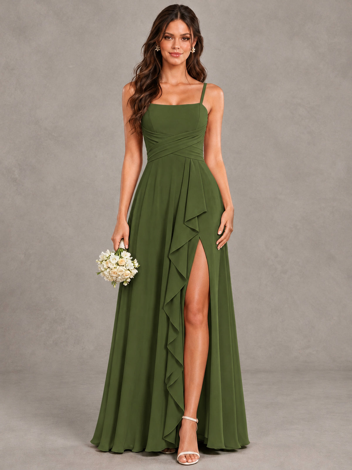 BOLODOO Olive Green Spaghetti Strap Ruffle Bridesmaid Dress with Slit - Olive Green - Olive Green (1)