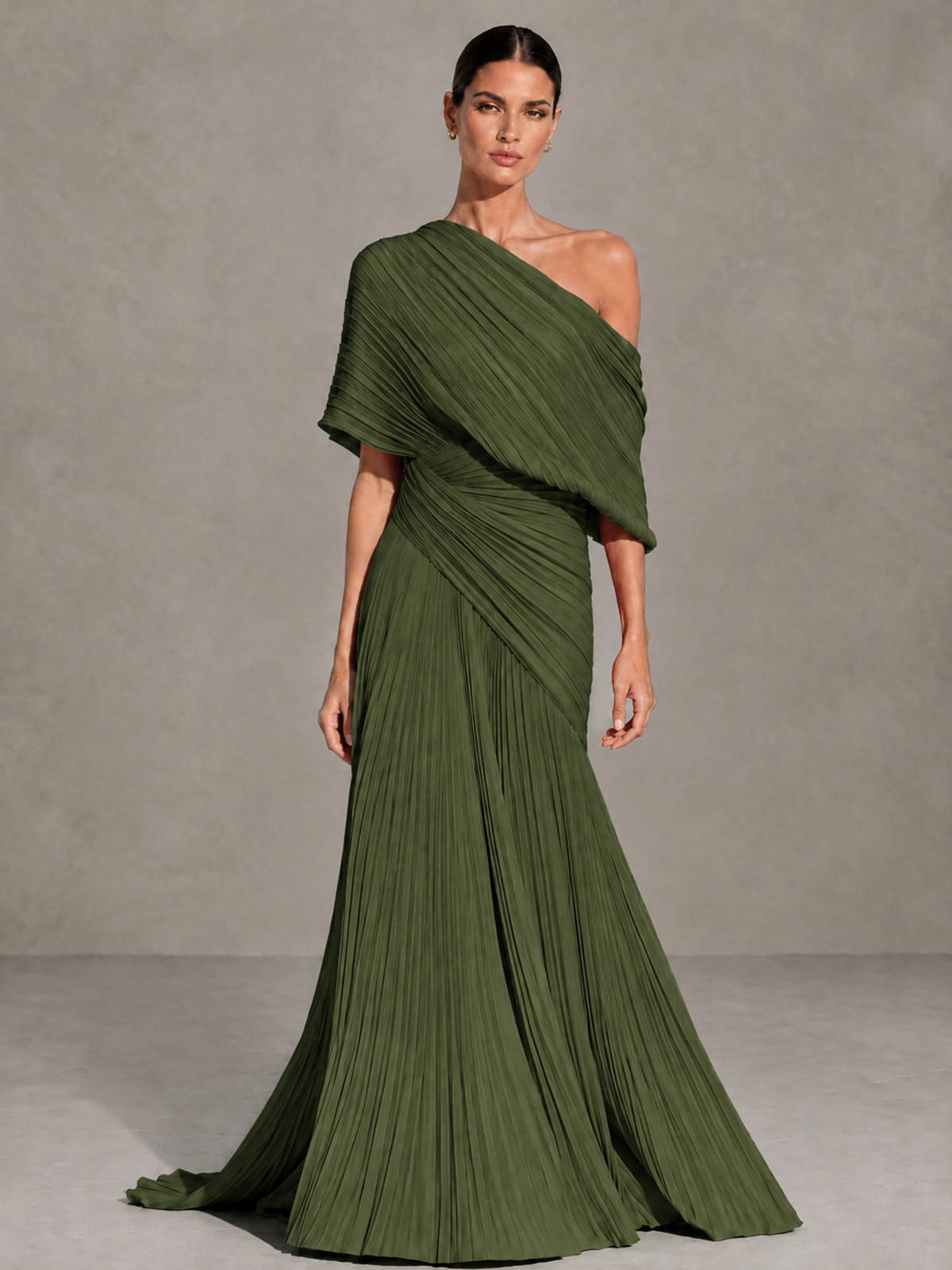 BOLODOO Olive Green One-Shoulder Pleated Cape Evening Gown with Train - Olive Green - Olive Green (1)