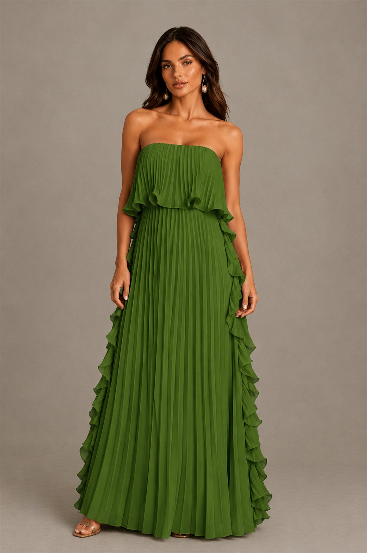 BOLODOO Olive Green Strapless Ruffle Bodice Dual Cascading Ruffle Accordion Pleated Chiffon Maxi Dress - Olive Green