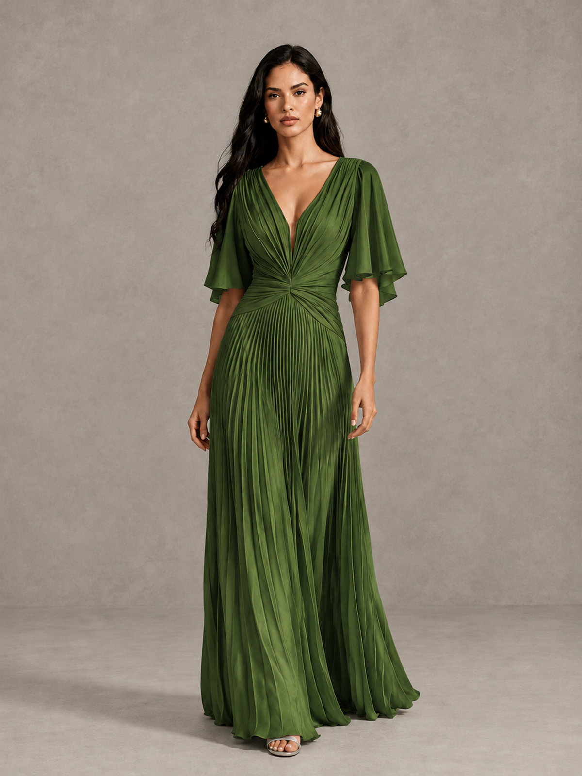 BOLODOO Olive Green Pleated V-Neck Flutter Sleeve Bridesmaid Dress - Olive Green - Olive Green (1)