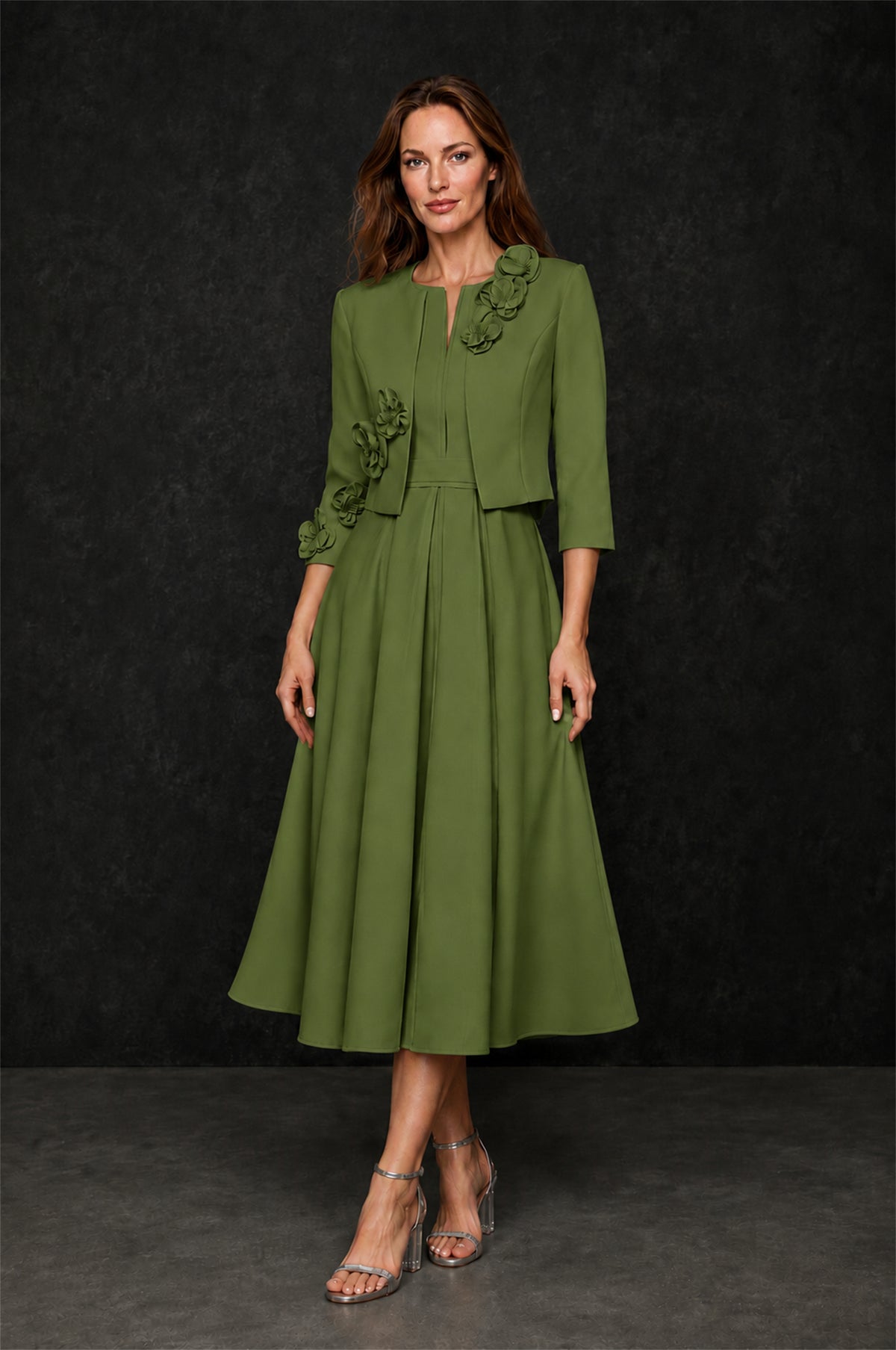 BOLODOO Olive Green 3D Rosette Appliqué 3/4 Sleeve Jacket & V-Notch Sleeveless A-Line Tea-Length Two-Piece Dress Set - Olive Green