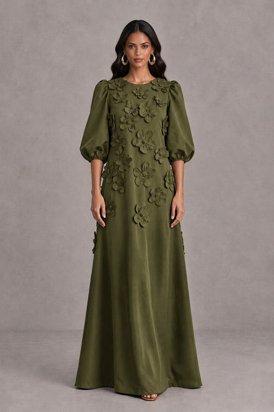 BOLODOO Olive Green Floral Applique Puff Sleeve A-Line Evening Dress - Olive Green - Olive Green (1)