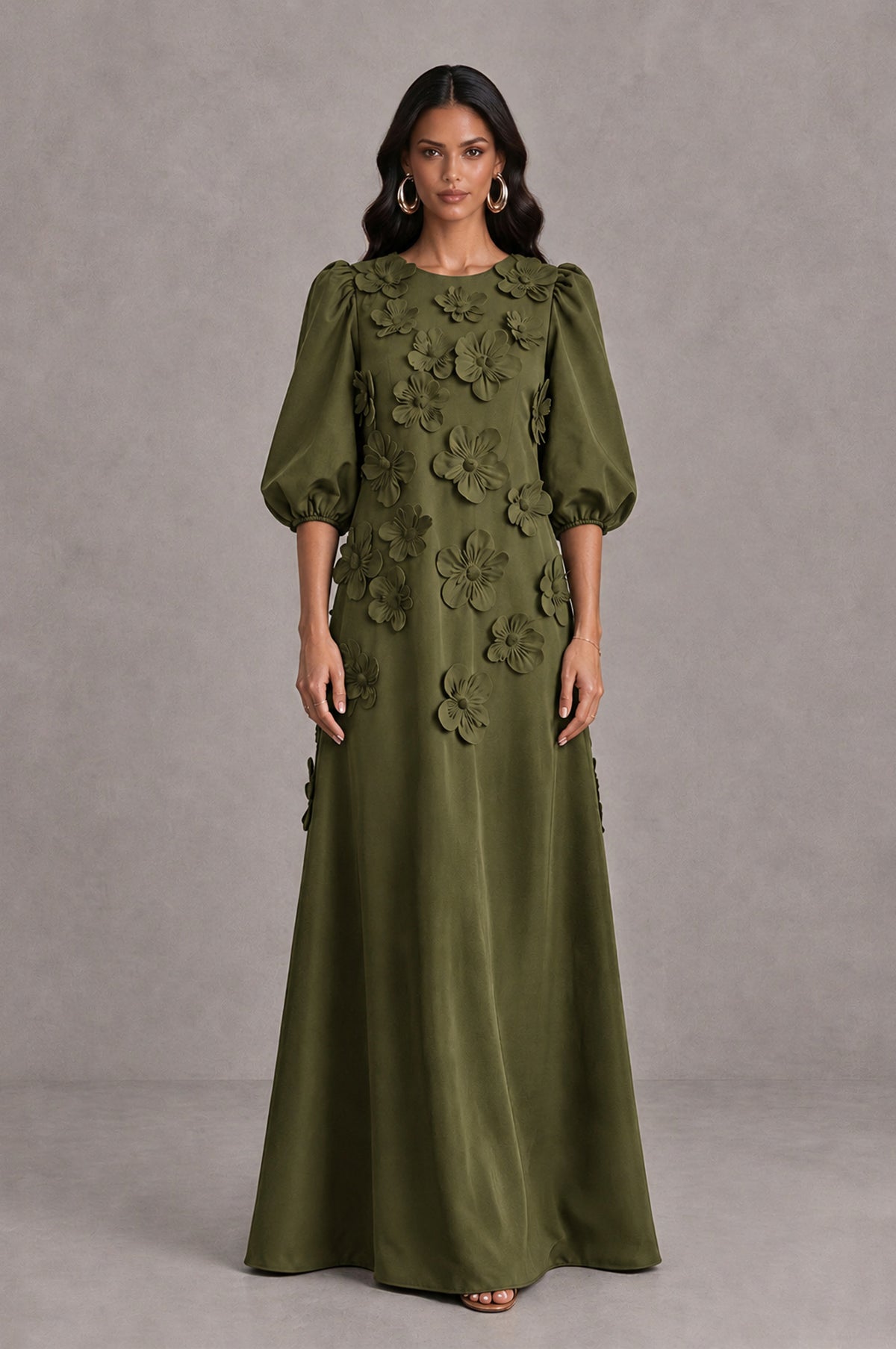 BOLODOO Olive Green Floral Applique Puff Sleeve A-Line Evening Dress - Olive Green - Olive Green (1)