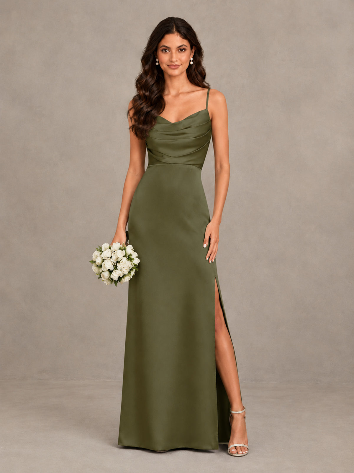 BOLODOO Olive Green Cowl Neck Satin Bridesmaid Dress with Slit - Olive Green - Olive Green (1)