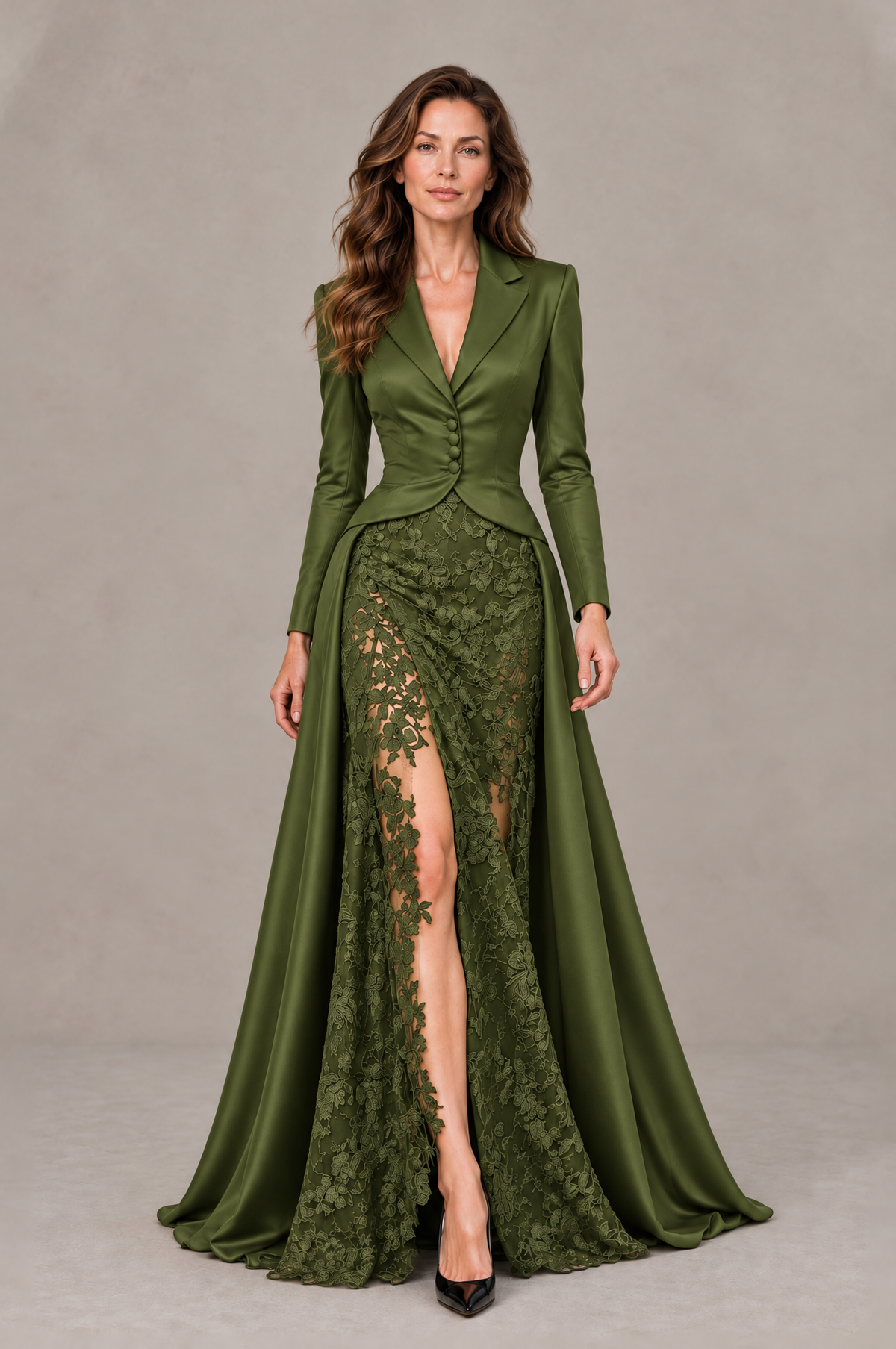 BOLODOO Olive Green Long Sleeve Lace Blazer Gown with High Slit - Olive Green - Olive Green (1)