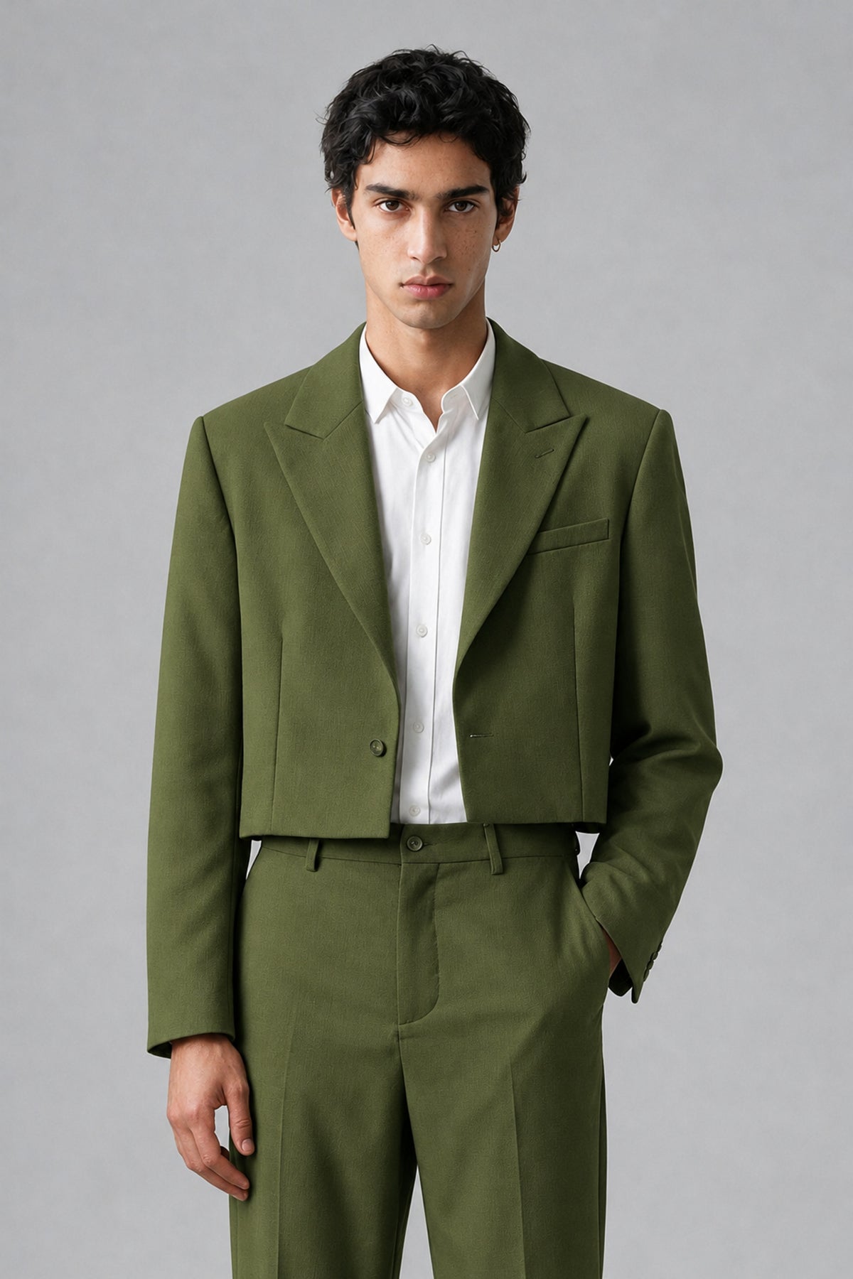 Bolodoo Men's Olive Green Cropped Blazer & Wide-Leg Trousers 2-Piece Suit - Olive Green - Olive Green (1)