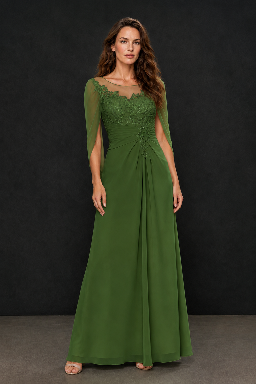 BOLODOO Olive Green Illusion Lace One-Side Cape Sleeve Beaded Chiffon Floor Length Gown | Mother of the Bride Evening Dress - Olive Green