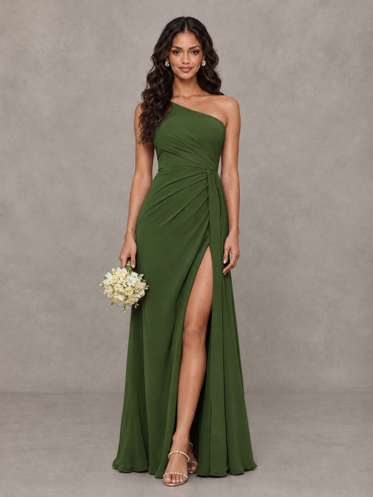 BOLODOO Olive Green One-Shoulder Chiffon Bridesmaid Dress with Ruched Bodice & High Slit - Olive Green - Olive Green (1)