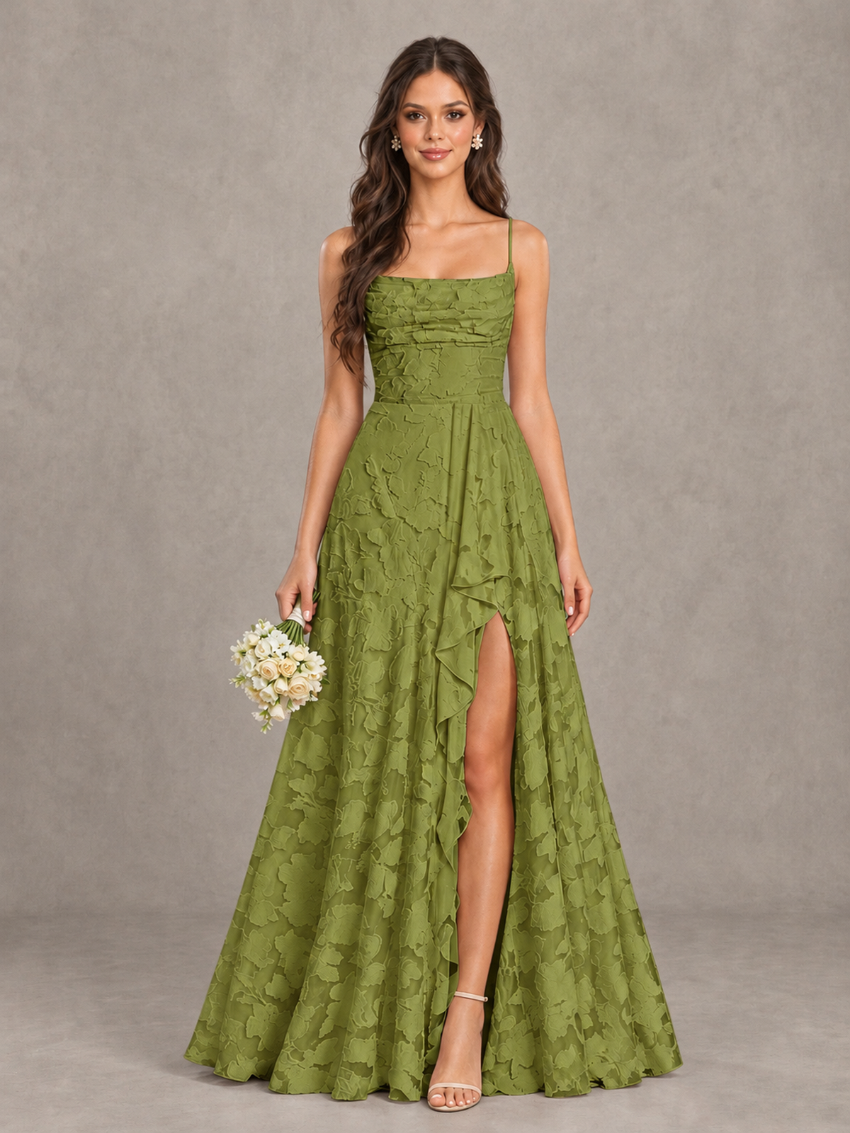 BOLODOO Olive Green Floral Appliqué Slit Maxi Dress - Olive Green - Olive Green (1)