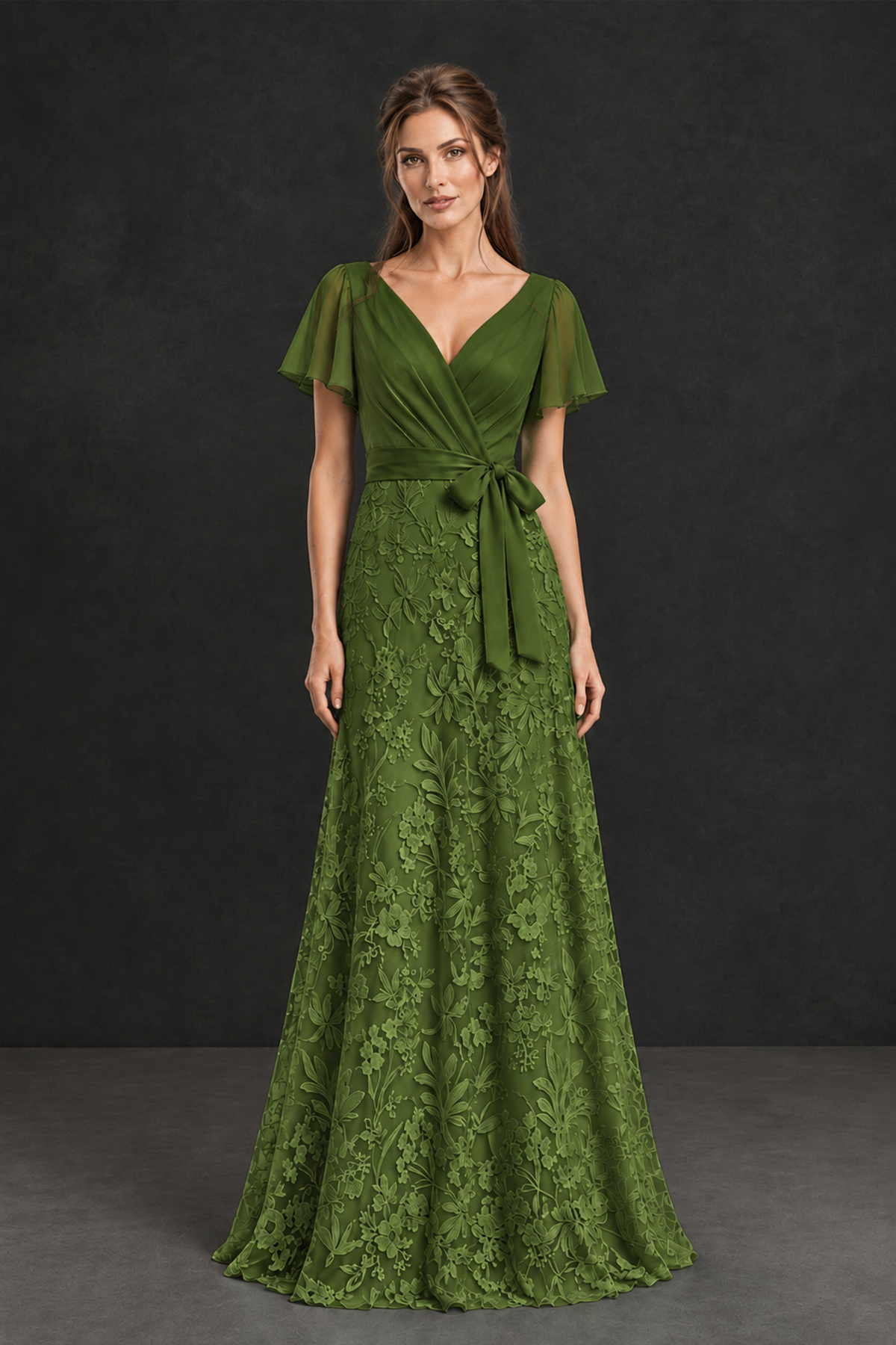 BOLODOO Olive Green Flutter Sleeve Lace Mother of the Bride Dress - Olive Green