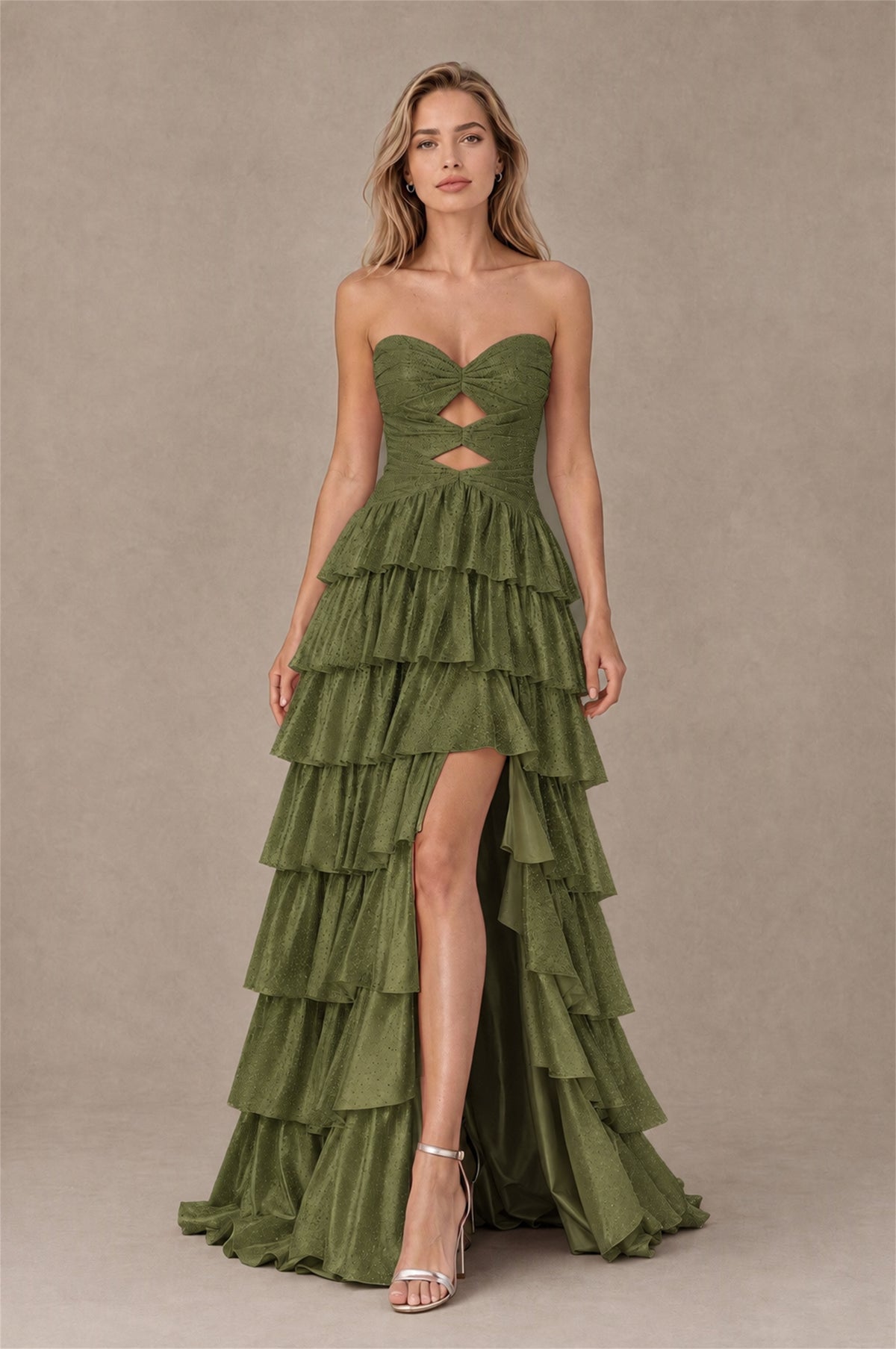 BOLODOO Olive Green Strapless Cutout Tiered Ruffle Prom Dress with High Slit - Olive Green - Olive Green (1)
