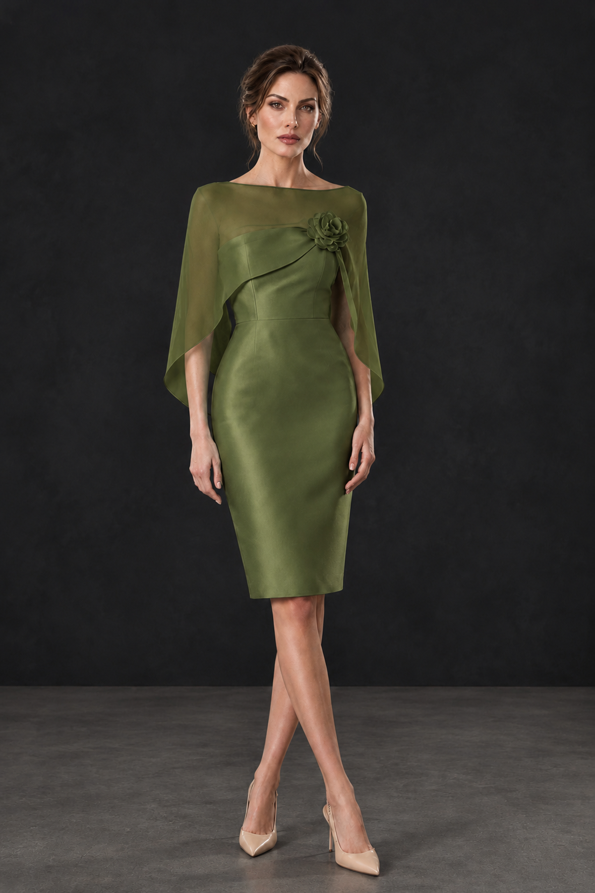 BOLODOO Olive Green Cape Knee-Length Mother of the Bride Dress - Olive Green - Olive Green (1)