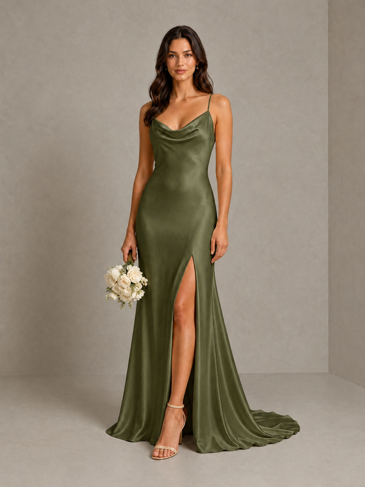 BOLODOO Olive Green Satin Cowl Neck Bridesmaid Dress with Open Back & Side Slit - Olive Green - Olive Green (1)