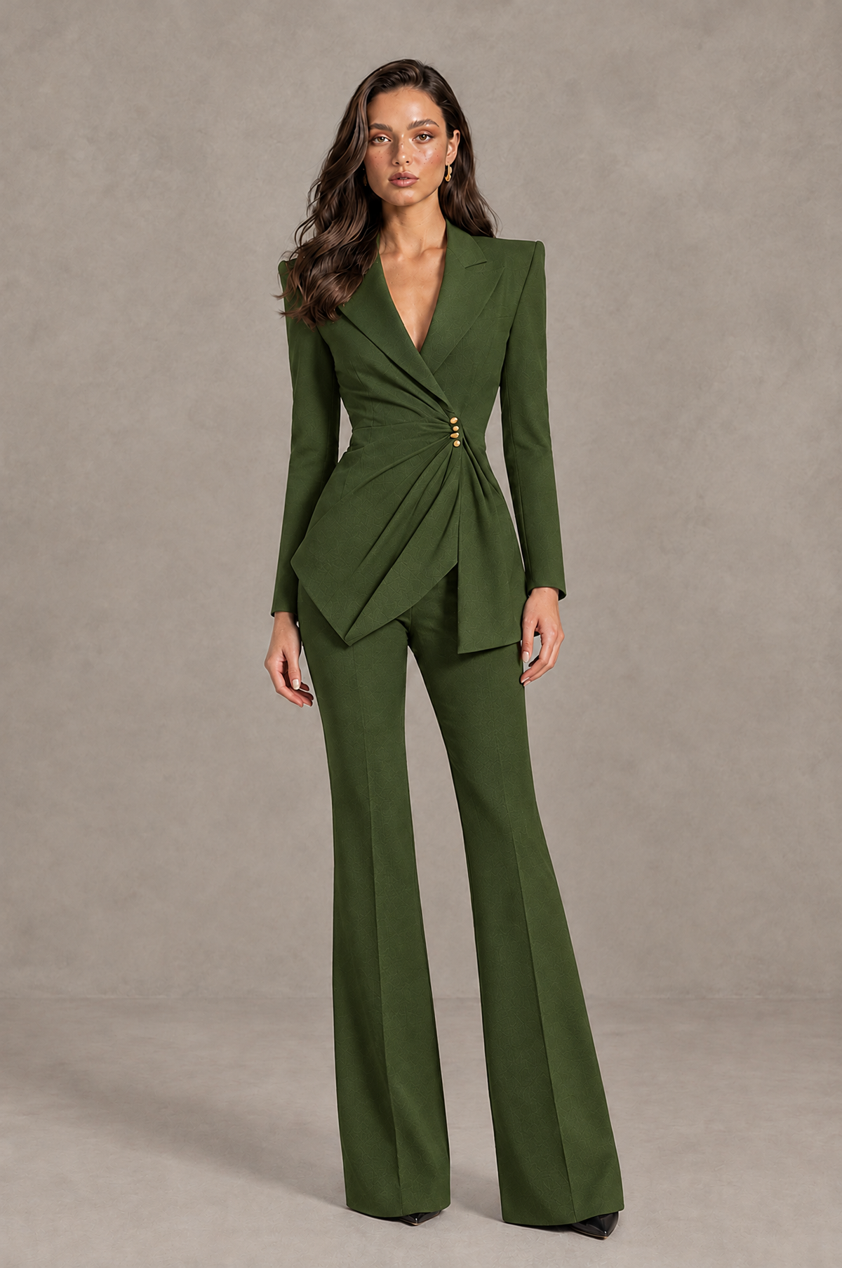 BOLODOO Olive Green Long Sleeve Wrap Blazer Pantsuit with Wide-Leg Trousers - Olive Green - Olive Green (1)