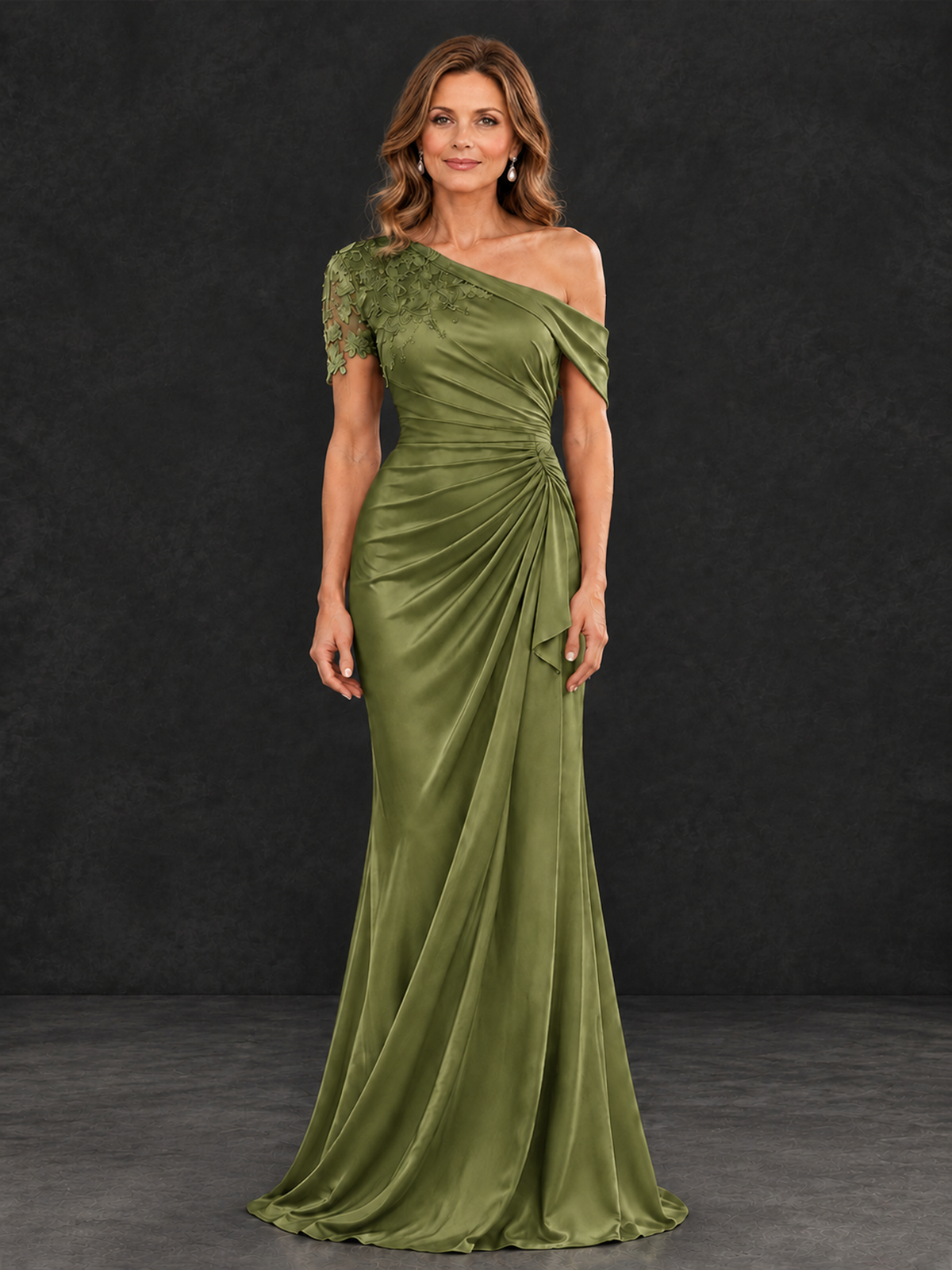 BOLODOO Olive Green Asymmetric Satin Mother of the Bride Dress with Lace Sleeve - Olive Green - Olive Green (1)