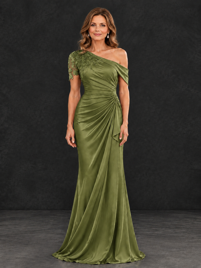BOLODOO Olive Green Asymmetric Satin Mother of the Bride Dress with Lace Sleeve - Olive Green - Olive Green (1)