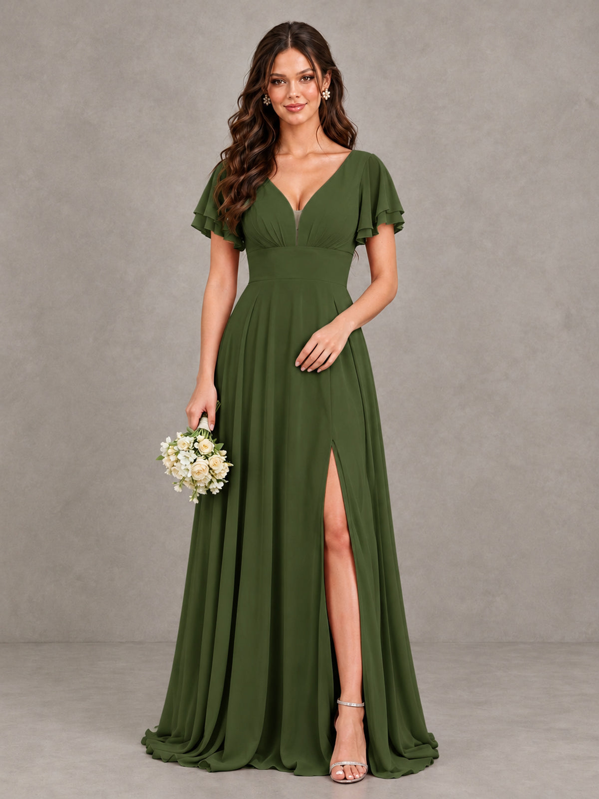 BOLODOO Olive Green Flutter Sleeve Chiffon A-Line Maxi Bridesmaid Dress with Open Back & Slit - Olive Green - Olive Green (1)