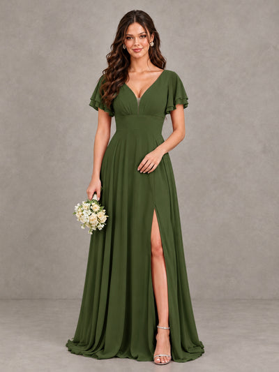 BOLODOO Olive Green Flutter Sleeve Chiffon A-Line Maxi Bridesmaid Dress with Open Back & Slit - Olive Green - Olive Green (1)