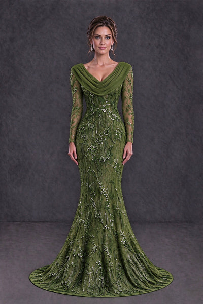 BOLODOO Olive Green Long Sleeve Embellished Mother of the Bride Dress with Cowl Neck - Olive Green - Olive Green (1)