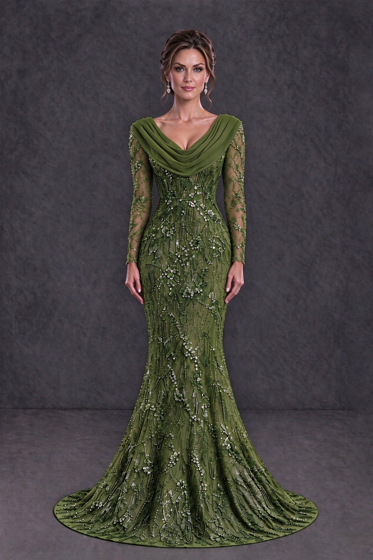 BOLODOO Olive Green Long Sleeve Embellished Mother of the Bride Dress with Cowl Neck - Olive Green - Olive Green (1)