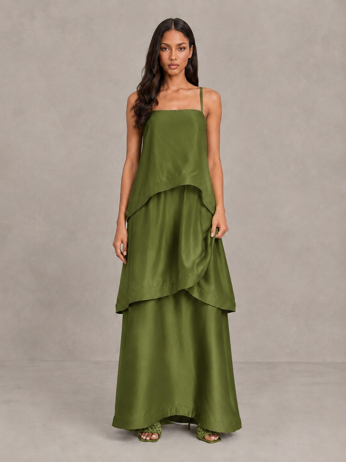BOLODOO Olive Green Satin Tiered Maxi Dress with Spaghetti Straps - Olive Green