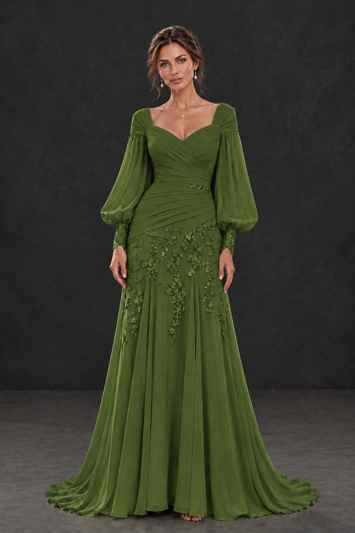 BOLODOO Olive Green Long Sleeve Mother of the Bride Dress with Floral Appliqués - Olive Green - Olive Green (1)