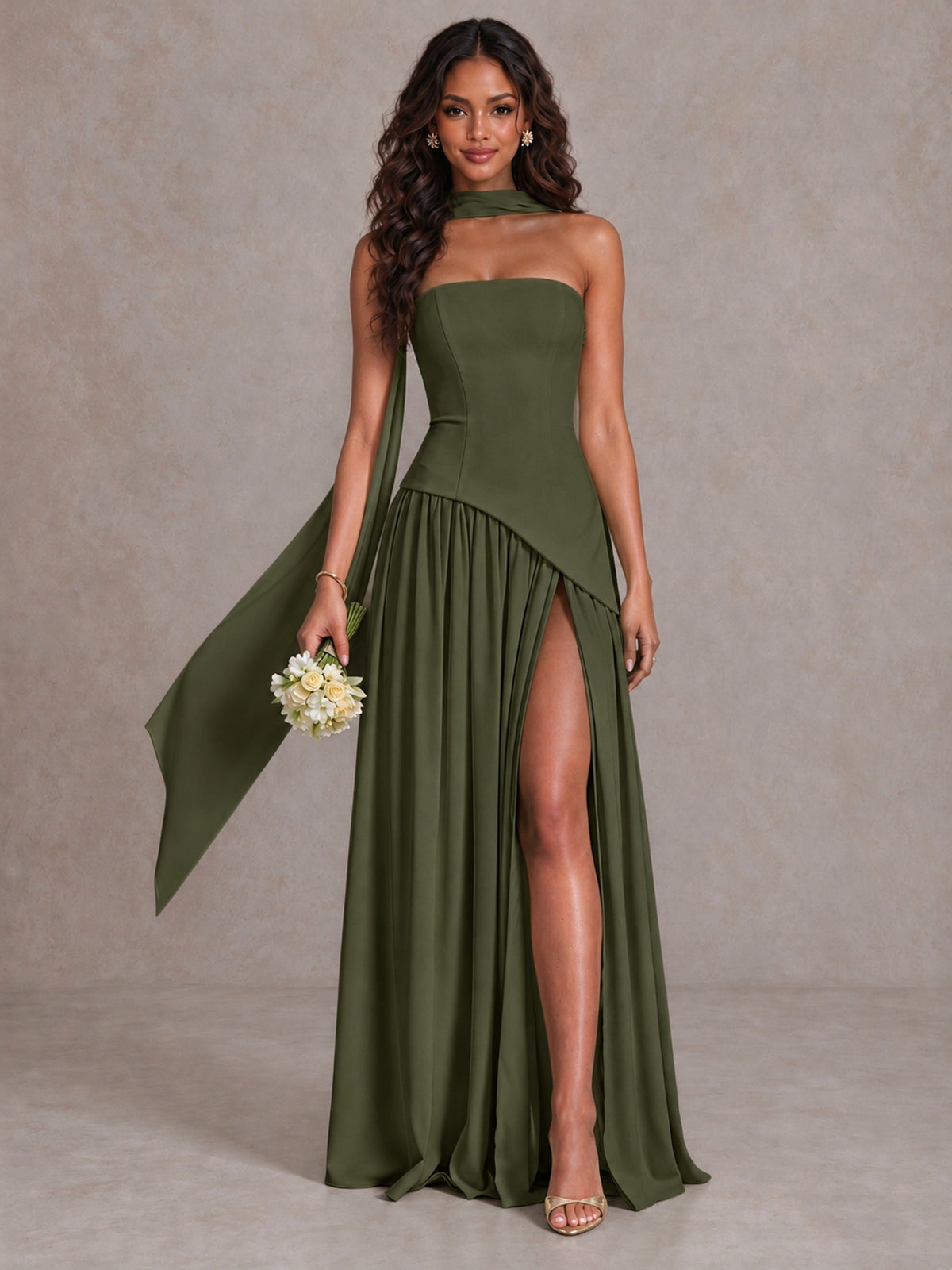 Olive Green Strapless Bridesmaid Dress with Scarf & High Slit - Olive Green - Olive Green (1)